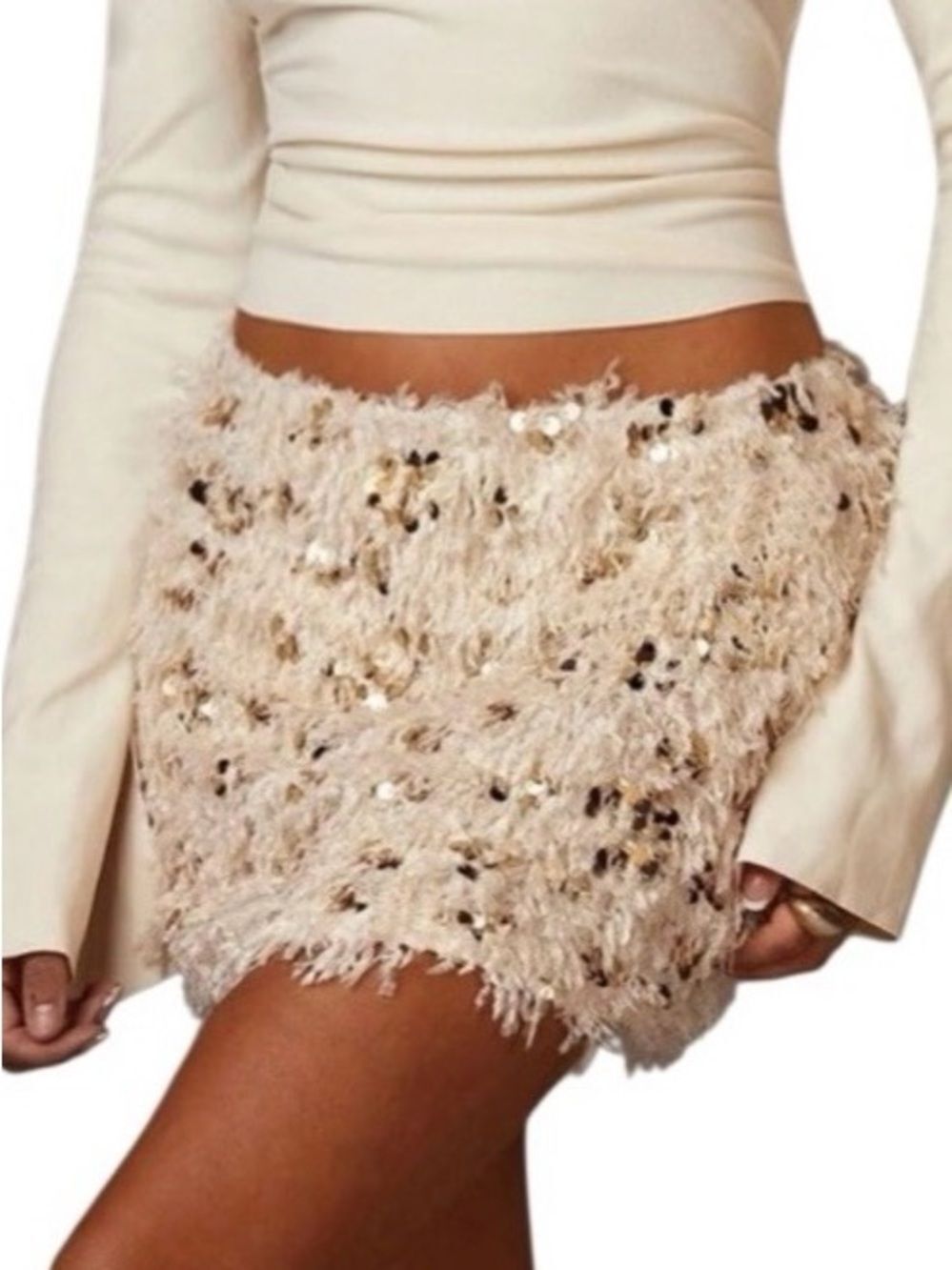 Sequin and Ribbon Mini Skirt in Cream/Gold Women’s S